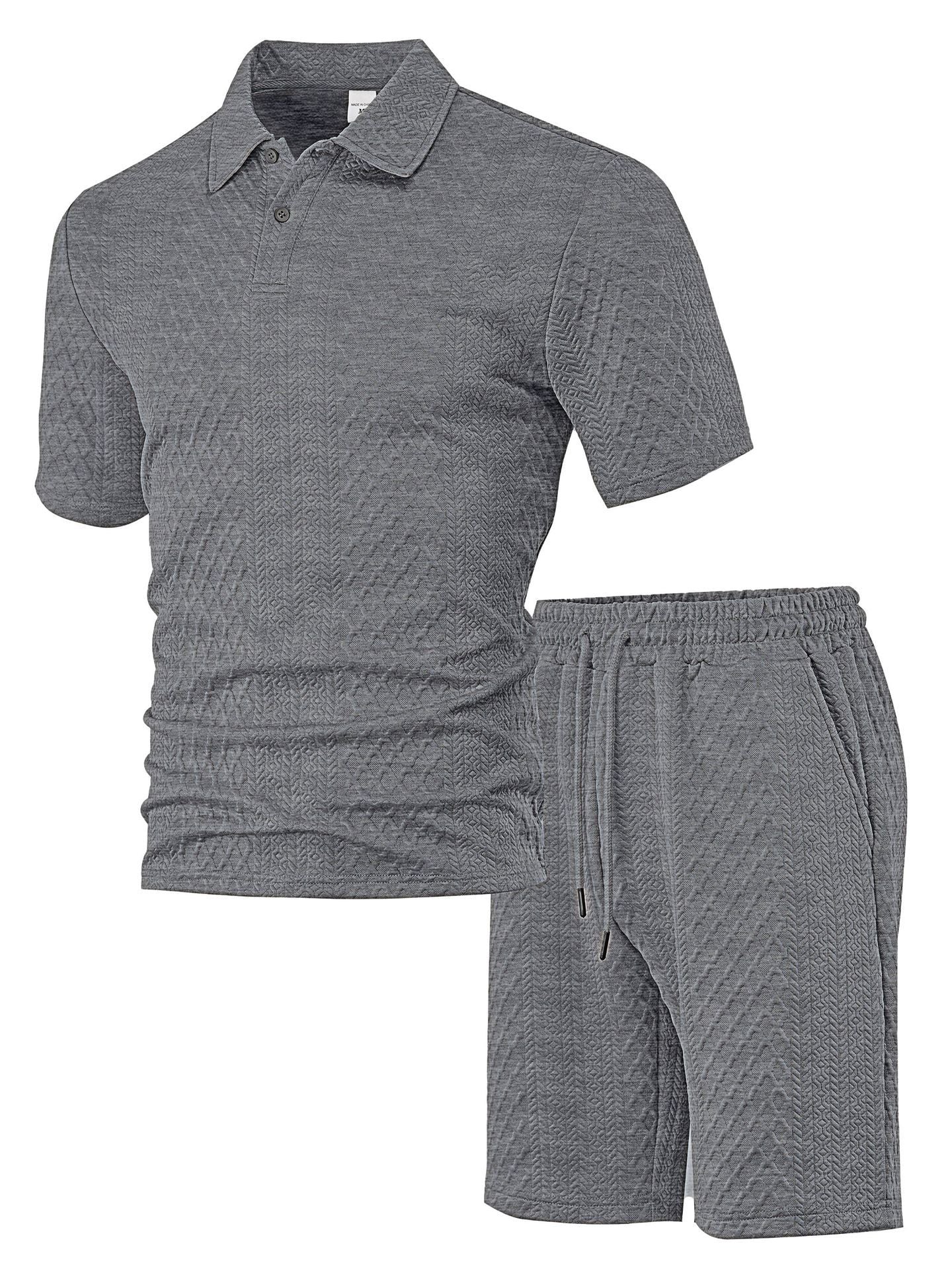 Men's Solid Polo Shirt & Drawstring Waist Shorts Set, Cozy Breathable Two-piece Outfits