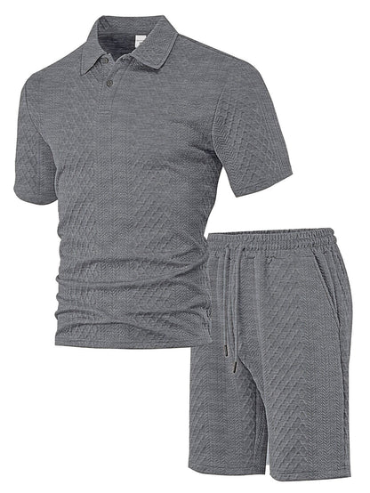 Men's Solid Polo Shirt & Drawstring Waist Shorts Set, Cozy Breathable Two-piece Outfits