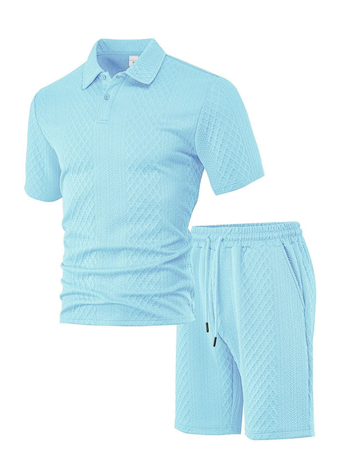 Men's Solid Polo Shirt & Drawstring Waist Shorts Set, Cozy Breathable Two-piece Outfits