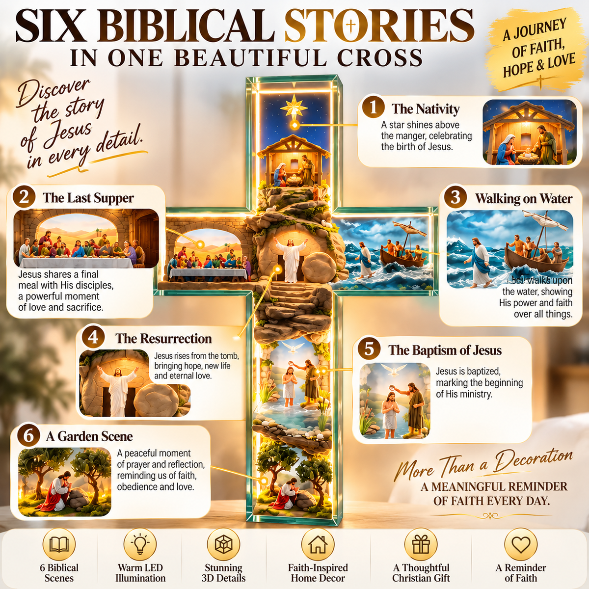 Illuminated 3D Biblical Story Cross – LED Christian Decor
