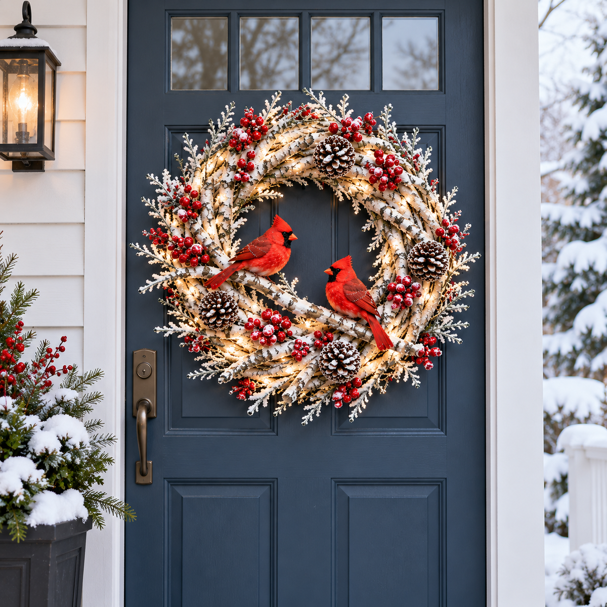 🔥 LAST DAY 49% OFF! ❤️ Snowy Birch Cardinal Christmas Wreath – Lighted Holiday Door Decor with Red Cardinals ✨