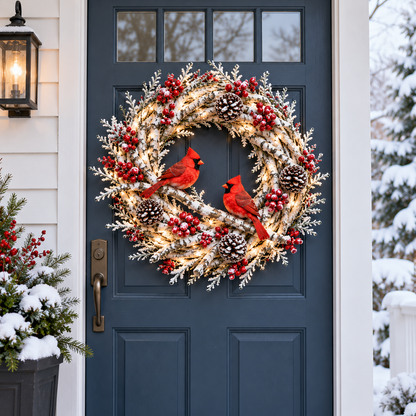 🔥 LAST DAY 49% OFF! ❤️ Snowy Birch Cardinal Christmas Wreath – Lighted Holiday Door Decor with Red Cardinals ✨
