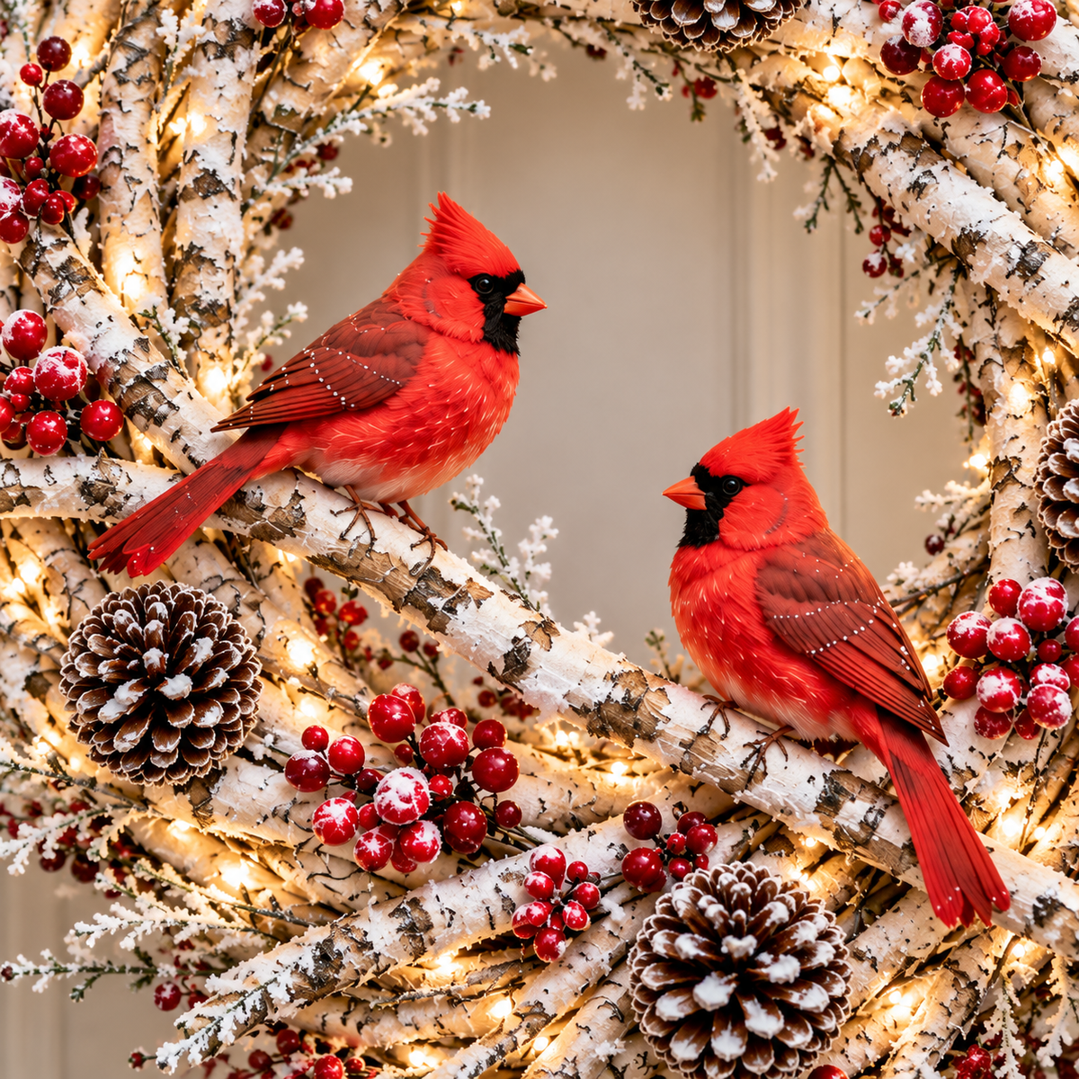 🔥 LAST DAY 49% OFF! ❤️ Snowy Birch Cardinal Christmas Wreath – Lighted Holiday Door Decor with Red Cardinals ✨
