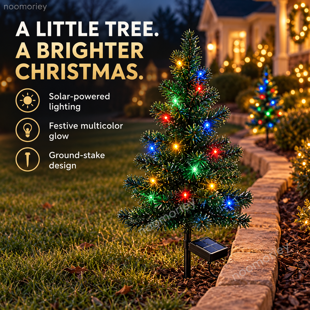 A solar-powered Christmas tree stake with red, green, blue and yellow lights beside a garden walkway at dusk