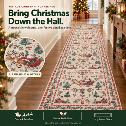 🔥LAST DAY 49% OFF -🎄Vintage Christmas Runner Rug – Santa, Reindeer & Timeless Holiday Charm