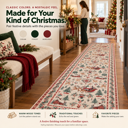 🔥LAST DAY 49% OFF -🎄Vintage Christmas Runner Rug – Santa, Reindeer & Timeless Holiday Charm