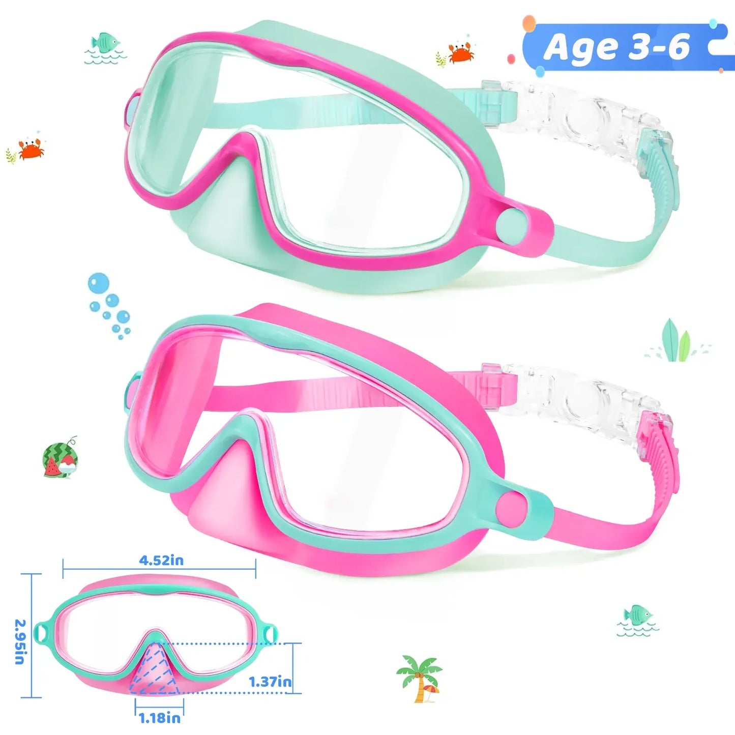 Kids Swim Goggles 2PCS – Anti-Fog UV Protection Swimming Goggles with Nose Cover