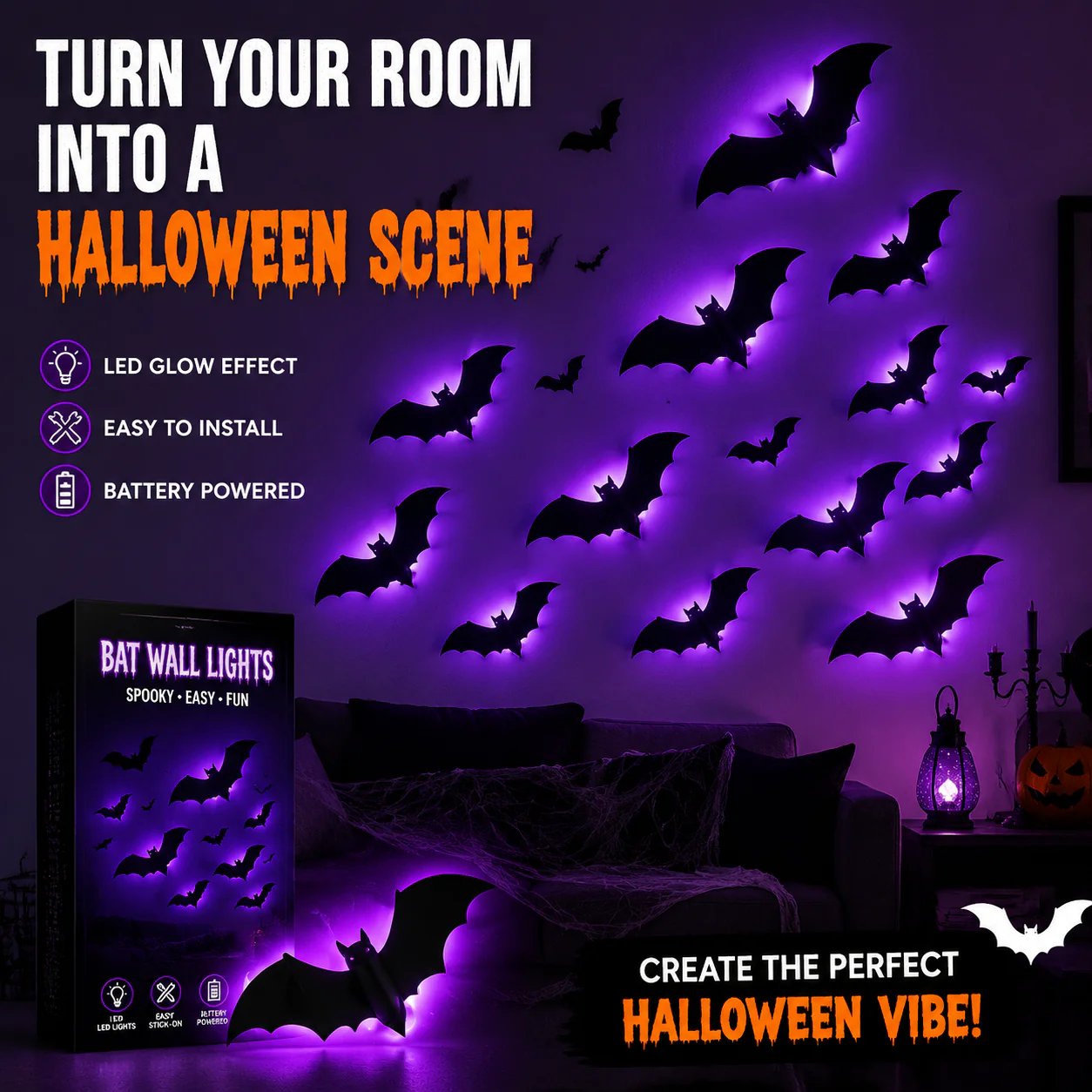 🦇3D LED Bat Light Halloween Wall Decor – Glowing Spooky Party Ornaments