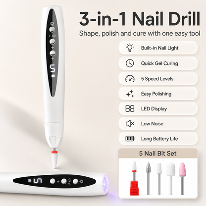 ✨ 3-in-1 Electric Nail Drill Pen with Nail Light & 5 Bits