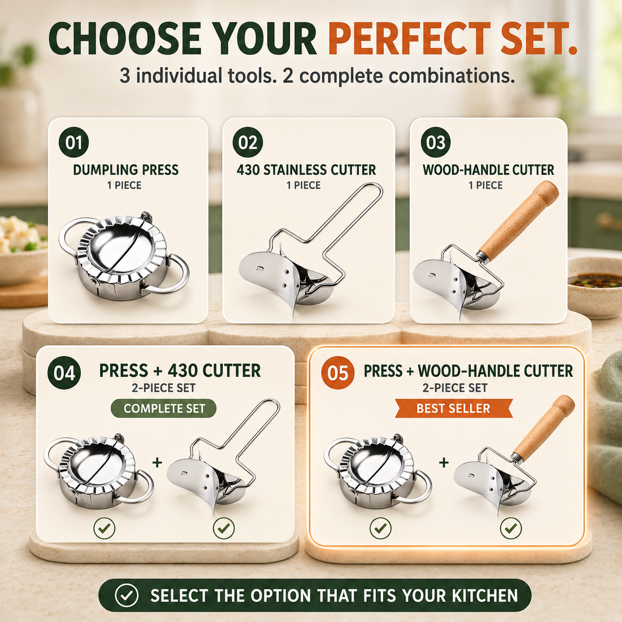 🥟 Stainless Steel Dumpling Maker & Dough Cutter Set – Roll, Fill, Press & Seal with Ease