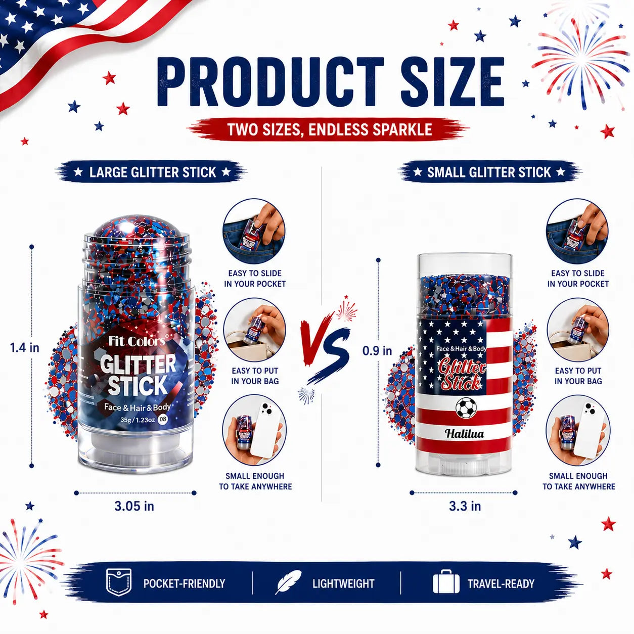 3-in-1 Patriotic Glow😍✨Red, White & Blue Glitter Body Stick