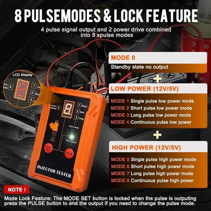Universal Fuel Injector Tester, DIY test Tool, 8 Pulse Modes, 4 Wire Dual Channel for 2 Fuel Injectors, 8 Size Cleaning Adapters, 12V/5V Output Power