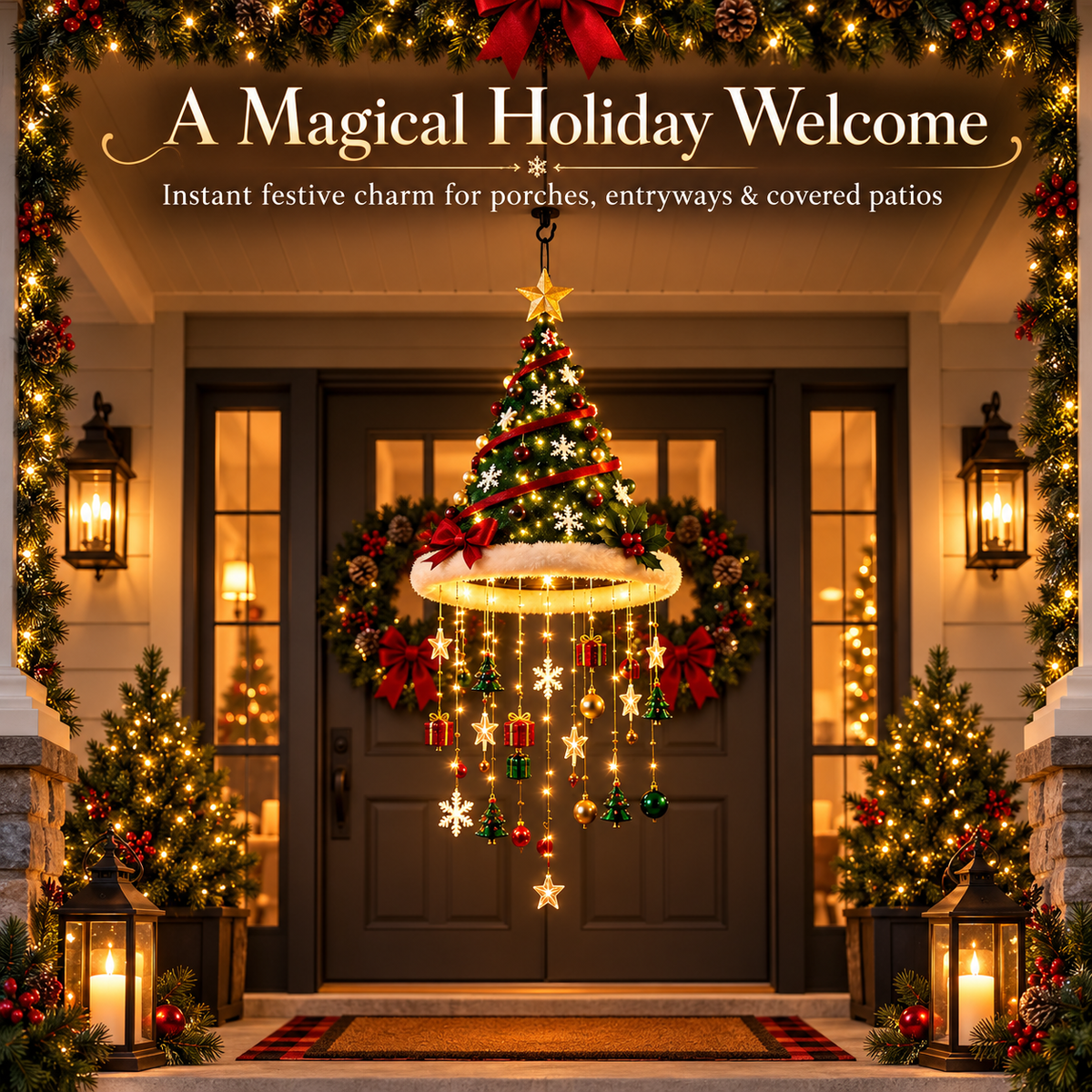 🎄 Lighted Hanging Christmas Tree Chandelier – Warm LED Holiday Porch & Entryway Décor ✨