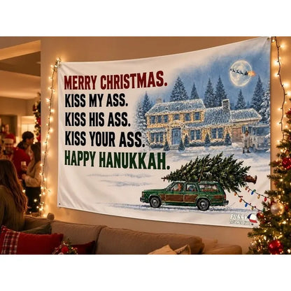 Funny Christmas Flag 3x5 FT – Merry Christmas Happy Hanukkah Holiday Quote Banner, Single-Sided with Metal Grommets, Snowy House RV Station Wagon Design, Xmas Porch Yard Garage Wall Decor, Holiday Party Decoration, Funny Gift for Adults, Winter Decor