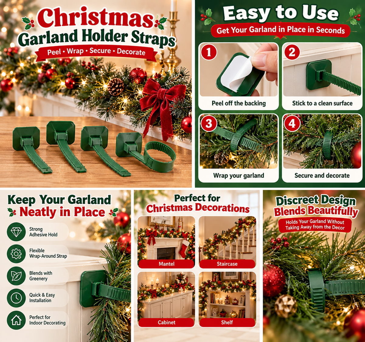 🎄 Christmas Garland Holder Straps – Peel, Wrap & Secure Holiday Greenery ✨
