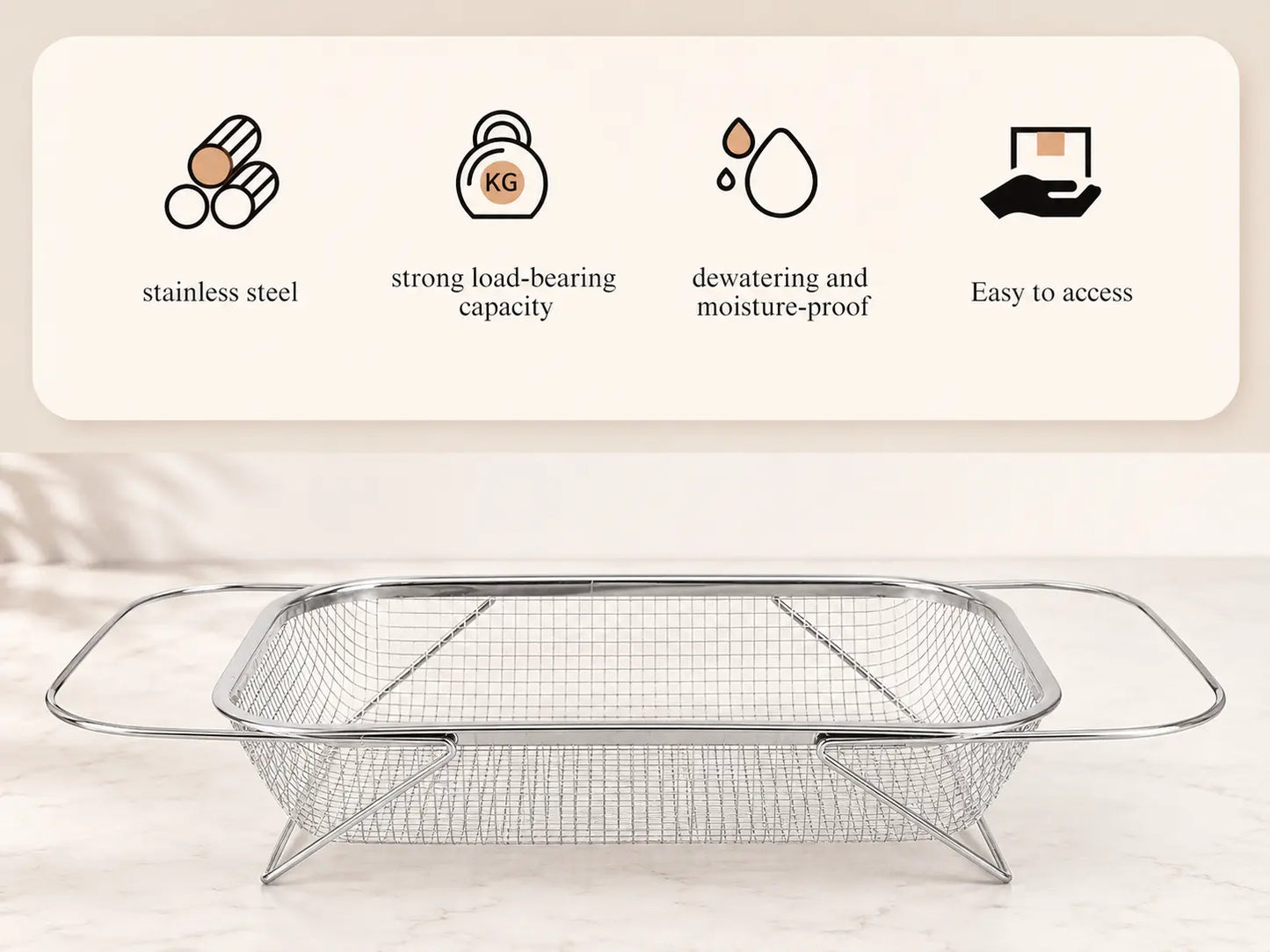 Stainless Steel Expandable Over-The-Sink Colander Strainer Basket