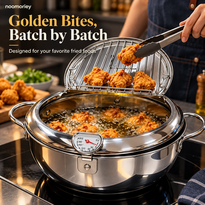 🍗 Deep Frying Pot with Thermometer & Lid Draining Rack – Dual-Handle Frying, Stir-Frying & Boiling Pot