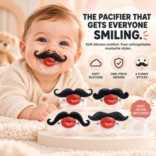 👄 Funny Red Lips Mustache Baby Pacifier – One-Piece Silicone Design with Dust Cover
