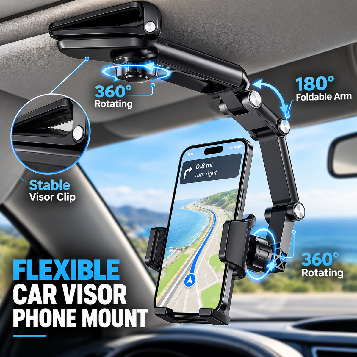 Black adjustable sun visor phone holder with 360-degree rotating joints and a folding arm inside a car