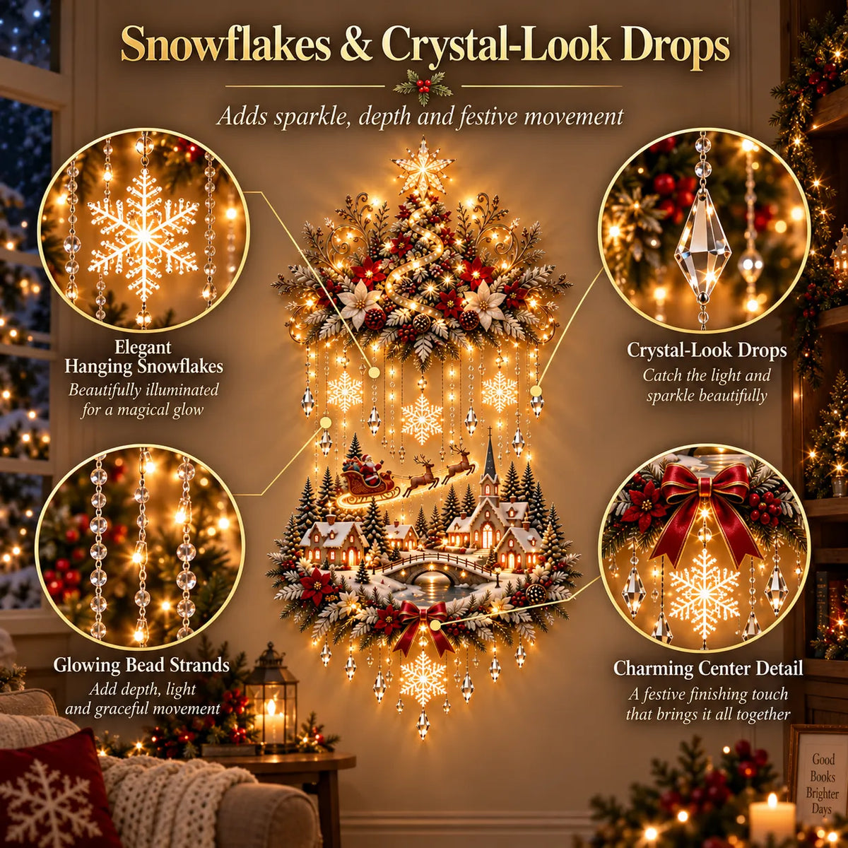 ✨ Illuminated Christmas Tree & Village Wall Hanging | Cascading Warm Lights for Living Rooms, Entryways & Staircases