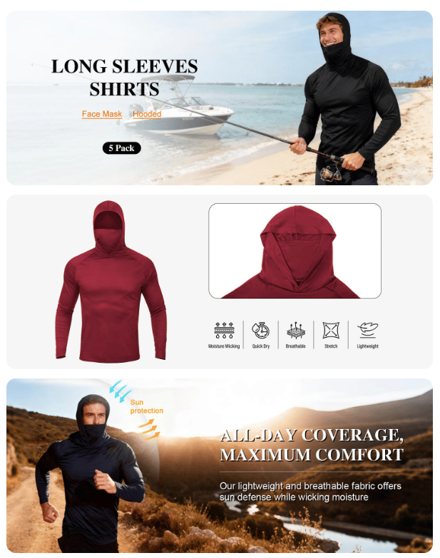 Men's Athletic Hoodies Long Sleeve Fishing Shirts for Men Hooded Set with Face Mask