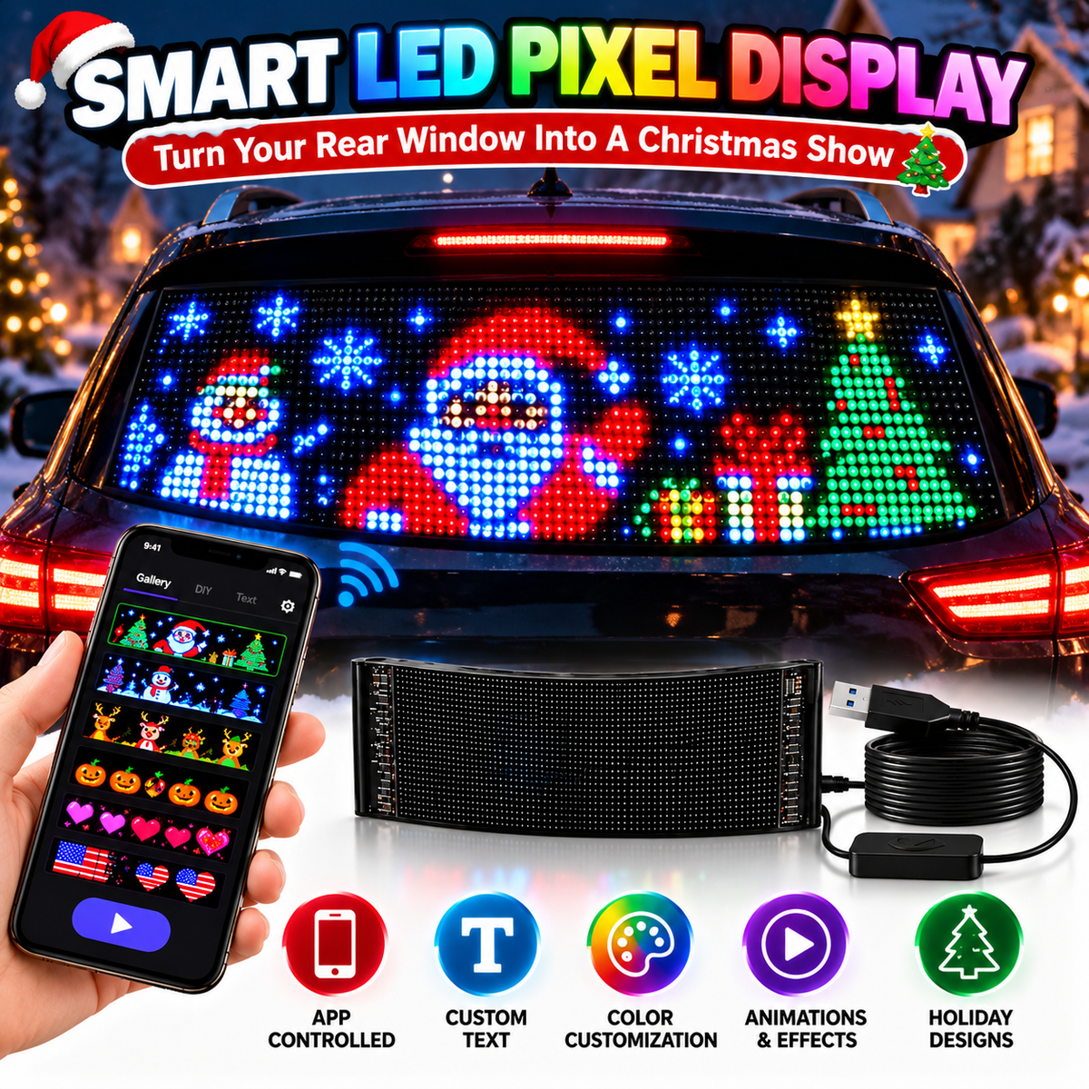 🚗🎄 Smart LED Pixel Car Display — App-Controlled Custom Text, Colors & Animations
