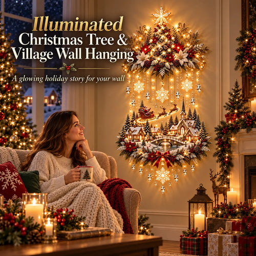 ✨ Illuminated Christmas Tree & Village Wall Hanging | Cascading Warm Lights for Living Rooms, Entryways & Staircases