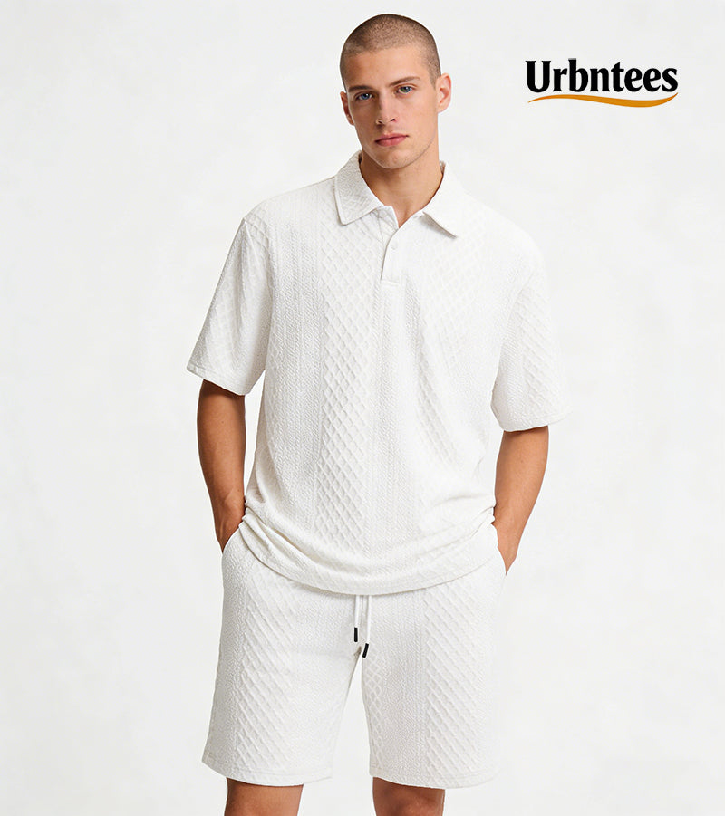 Men's Solid Polo Shirt & Drawstring Waist Shorts Set, Cozy Breathable Two-piece Outfits