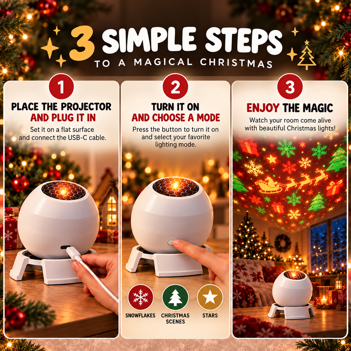 🎅Christmas Projection Light - USB Powered Festive Room Ceiling Decor✨