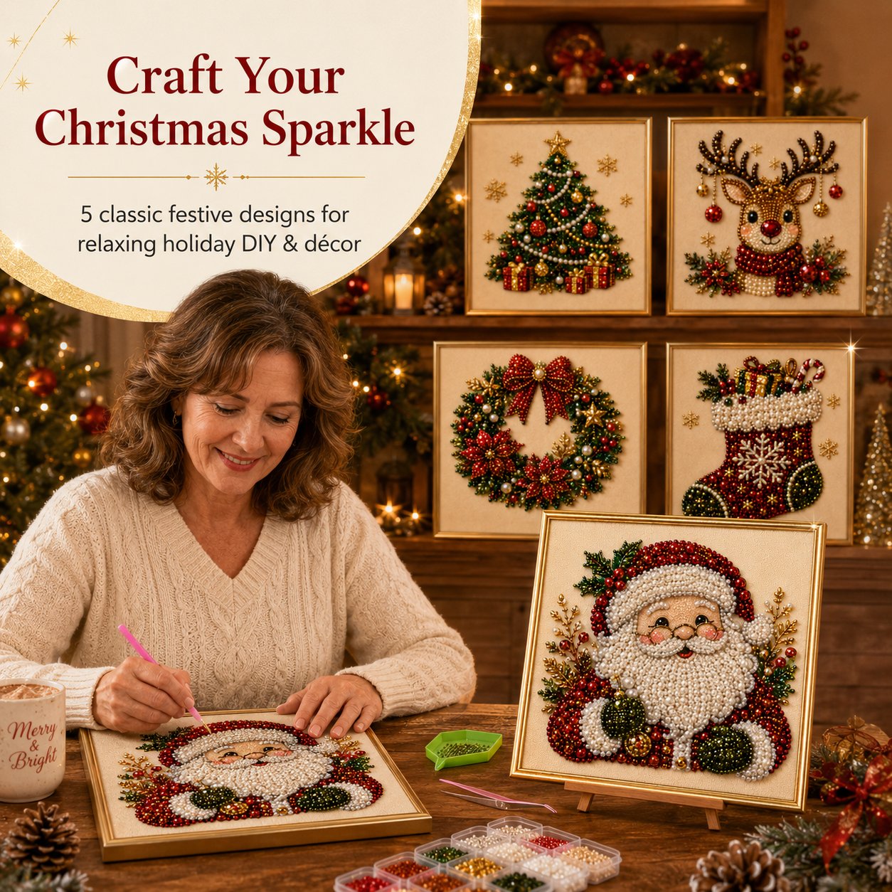 ❤️ 5-in-1 3D Pearl Art Kit – Christmas DIY Craft Set for Kids & Family Creative Fun 🎨