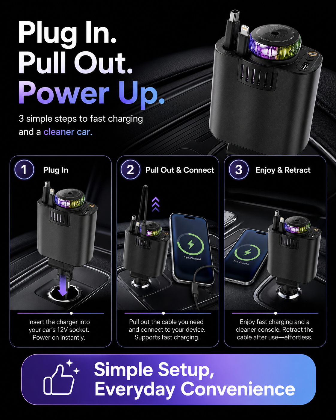 45W Retractable Car Charger | Dual Cable All-in-One Car Charger