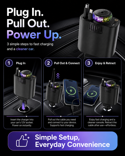 45W Retractable Car Charger | Dual Cable All-in-One Car Charger