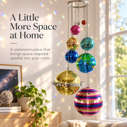 🌈 Solar System Disco Ball Hanging Mobile – Colorful Reflective Celestial Room Decor