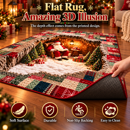 🔥HOT SALE🎅3D Optical Illusion Christmas Village Rug – Hidden Santa Winter Wonderland ✨