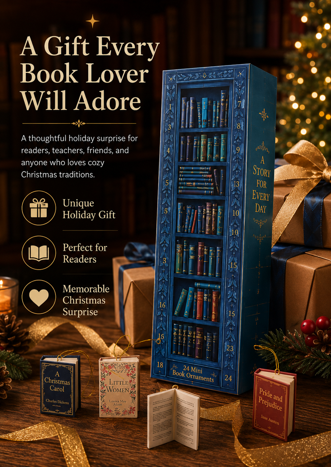 24-Day Book Ornament Advent Calendar | Christmas Gift for Book Lovers