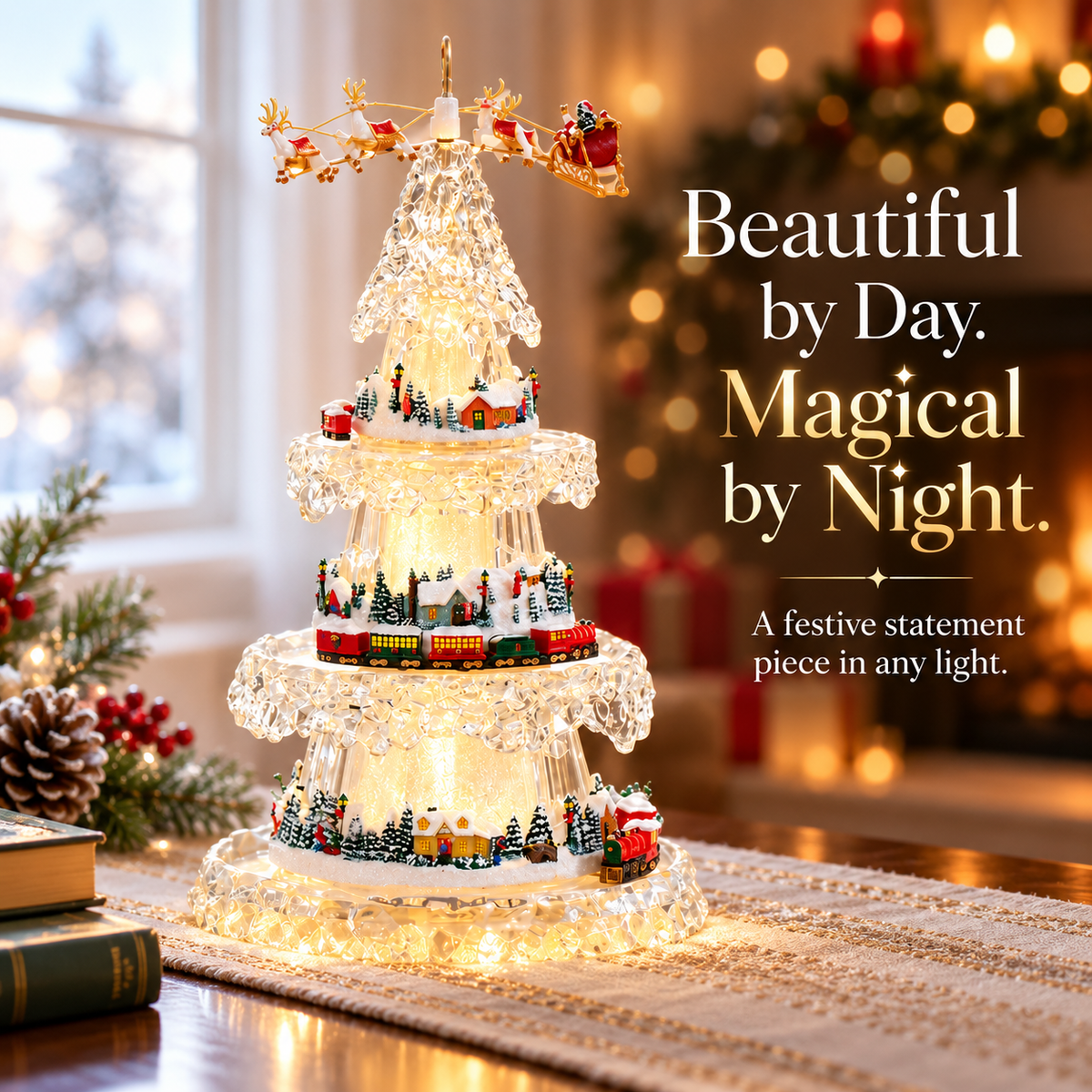 🎄 Musical Christmas Tree with Animated Train🚂 – Light-Up Acrylic Holiday Village Tabletop Decoration✨