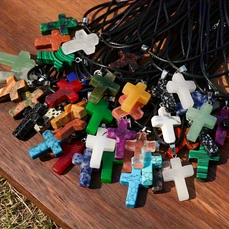 20pcs Natural Stone Cross Pendant Necklace Set