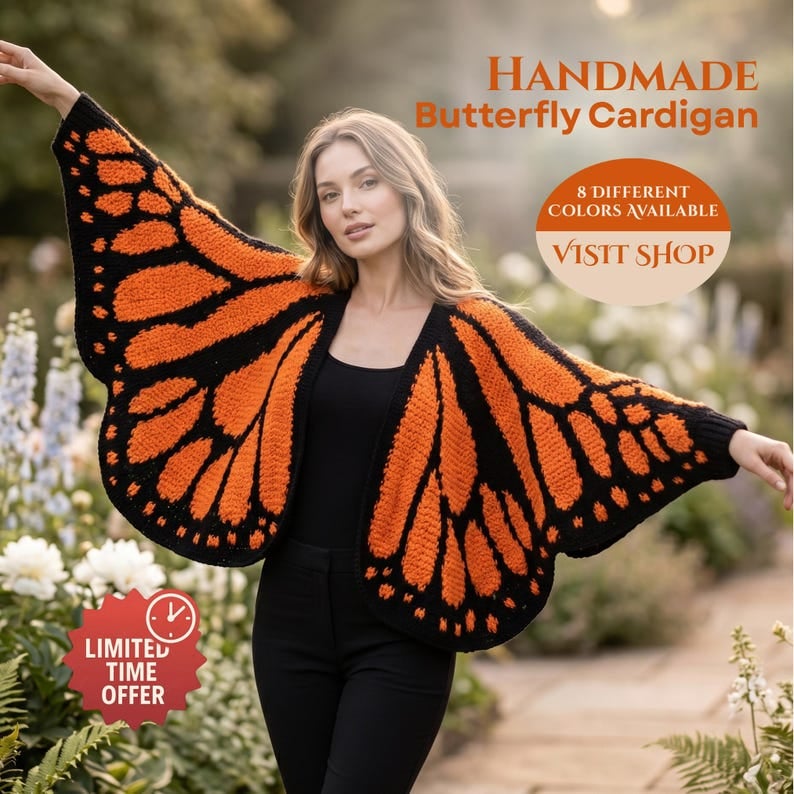 Limited edition of 120 pieces-Monarch Butterfly Cardigan – Handcrafted Statement Piece 🦋