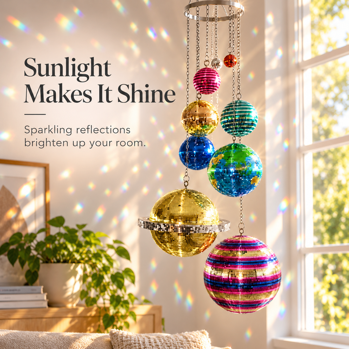 🌈 Solar System Disco Ball Hanging Mobile – Colorful Reflective Celestial Room Decor