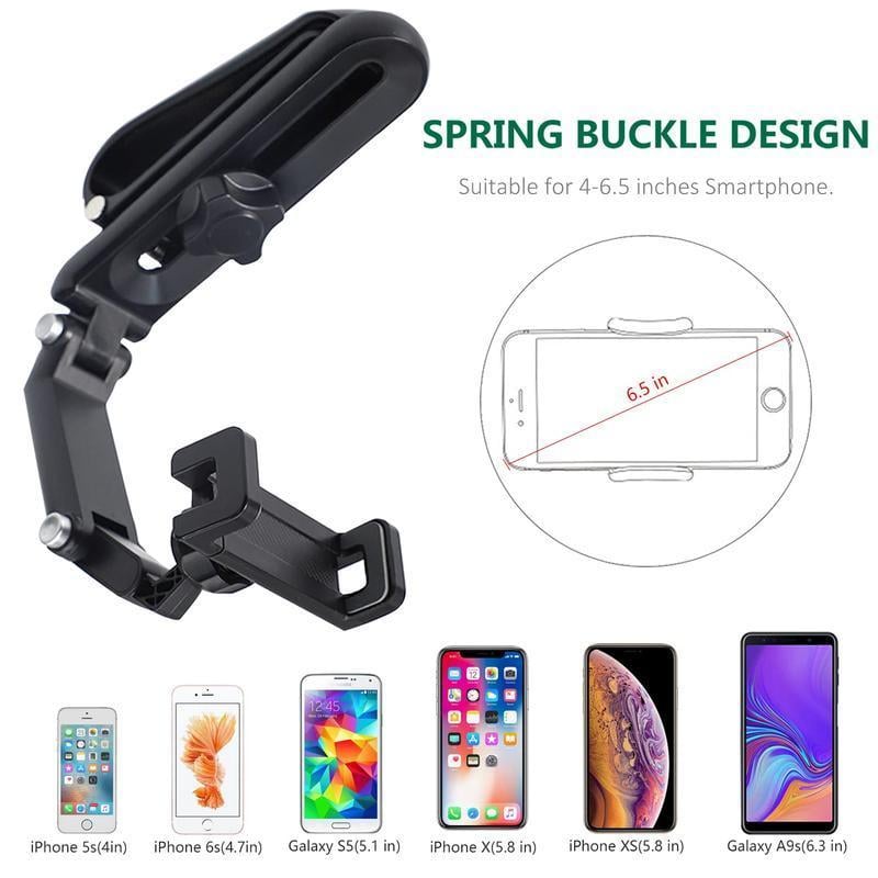 Spring buckle phone clamp and smartphone compatibility diagram for the adjustable visor mount