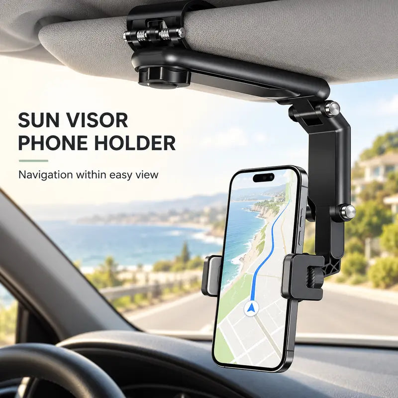 Foldable Car Phone Holder for Sun Visor, Adjustable Arm with 360° Phone Rotation, Spring Clip Mount for 4–6.5 Inch Smartphones, Black,toolupgrade