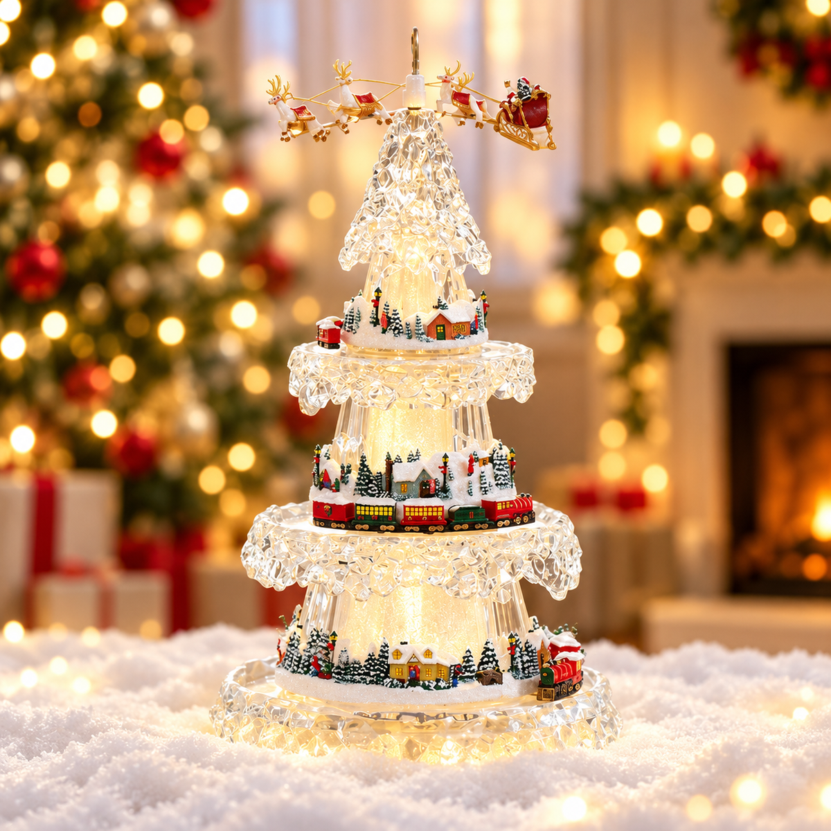 🎄 Musical Christmas Tree with Animated Train🚂 – Light-Up Acrylic Holiday Village Tabletop Decoration✨