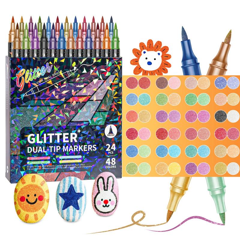 🎨Glitter Effect Brush Markers🥇✨: Create Sparkling Art Smoothly 🥳(🌈24-96 Colors | Smooth No Clog | No Bleed Through📝)