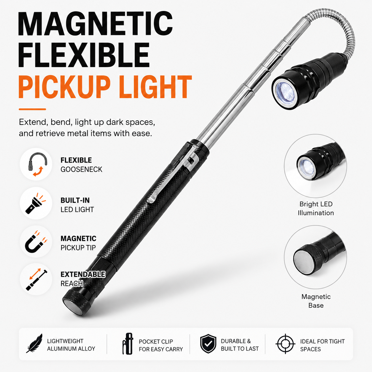 🧲💡 Telescoping Magnetic Pickup Tool with LED Light | Flexible Reach
