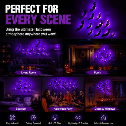 🦇3D LED Bat Light Halloween Wall Decor – Glowing Spooky Party Ornaments