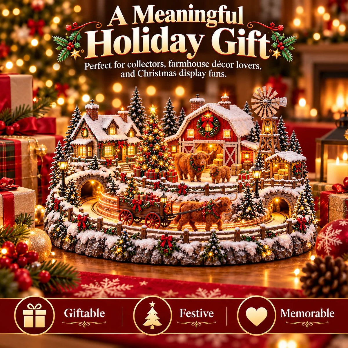 ⌛Last Day 49% OFF🐮 Highland Cow Christmas Farm Village – Lighted Farmhouse Holiday Décor 🎄✨