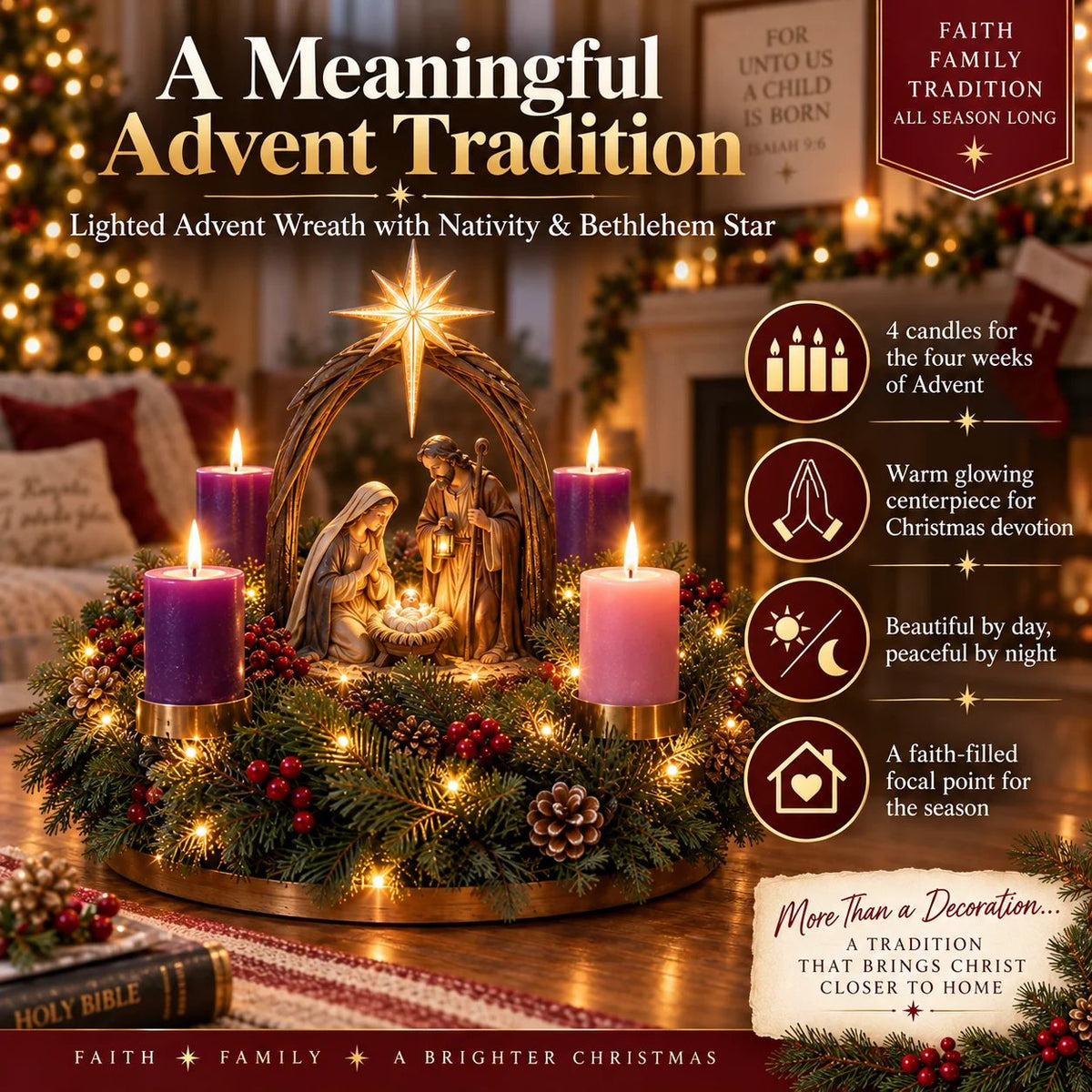 🔥 Limited-Time 49% OFF – ✝️ Lighted Nativity Advent Wreath – A Sacred 4-Week Christmas Tradition