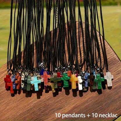 20pcs Natural Stone Cross Pendant Necklace Set