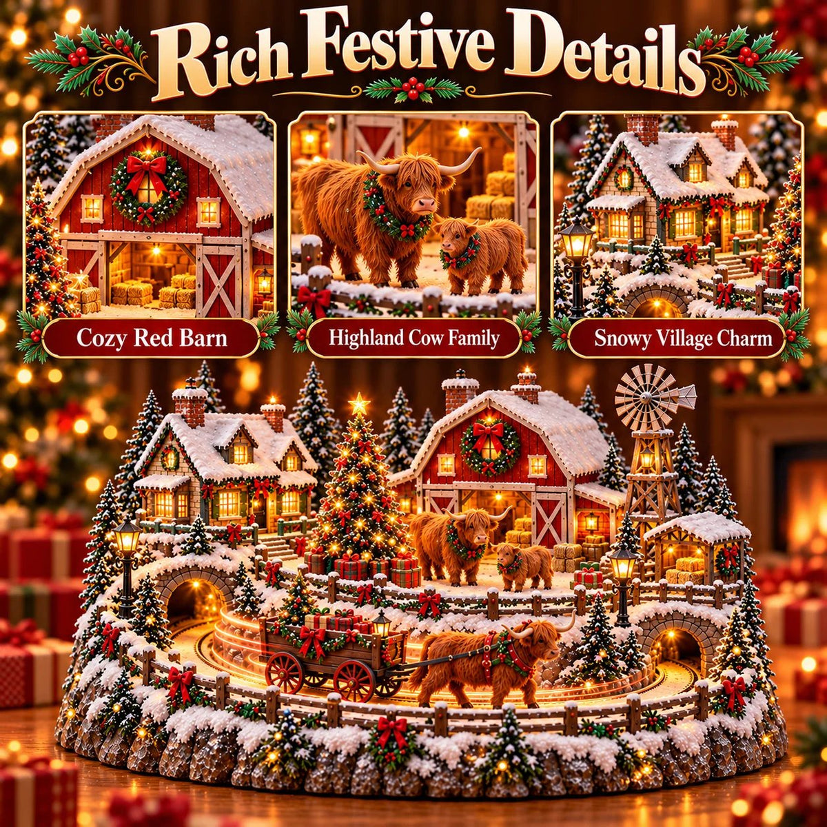 ⌛Last Day 49% OFF🐮 Highland Cow Christmas Farm Village – Lighted Farmhouse Holiday Décor 🎄✨