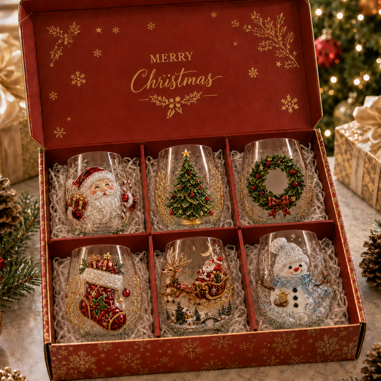 🎅 Magical Christmas 3D Glass Cup Collection – Santa, Reindeer, Snowman & Christmas Tree